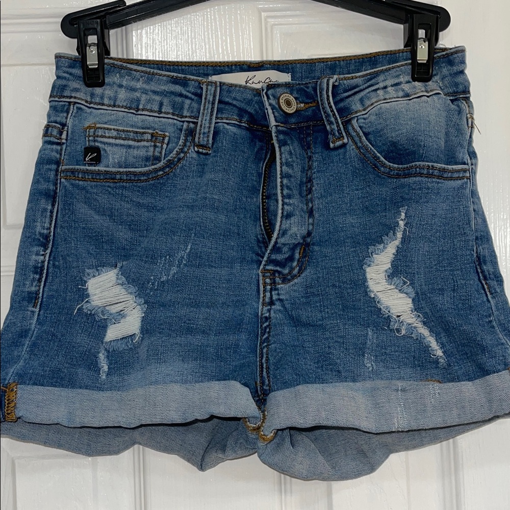 Distressed Rolled Hem Denim Shorts - Blue